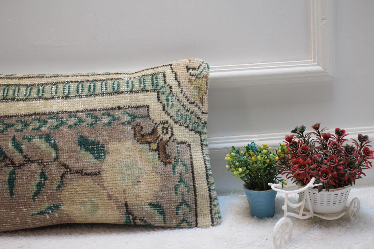 Floral Wool Lumbar Pillow Cover: Upcycled Turkish Rug, 12x20 inch