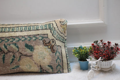 Floral Wool Lumbar Pillow Cover: Upcycled Turkish Rug, 12x20 inch
