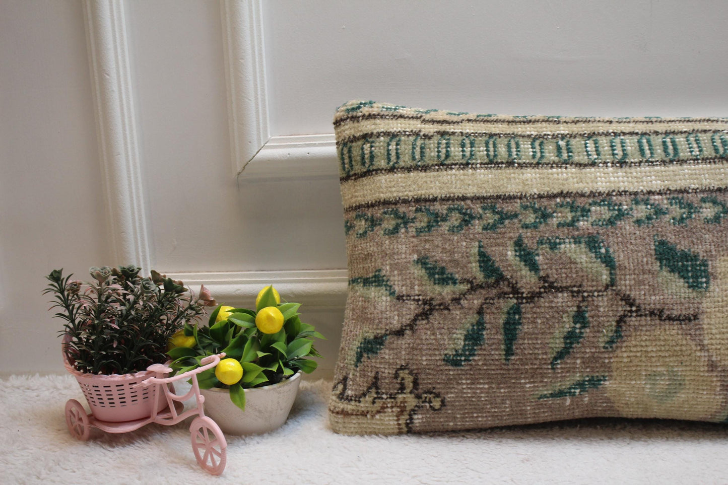 Floral Wool Lumbar Pillow Cover: Upcycled Turkish Rug, 12x20 inch