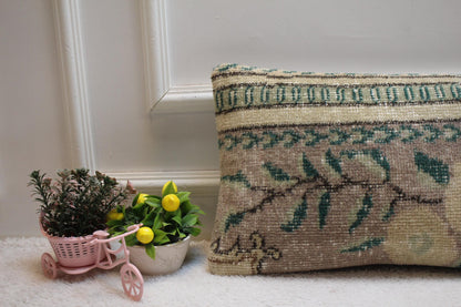 Floral Wool Lumbar Pillow Cover: Upcycled Turkish Rug, 12x20 inch