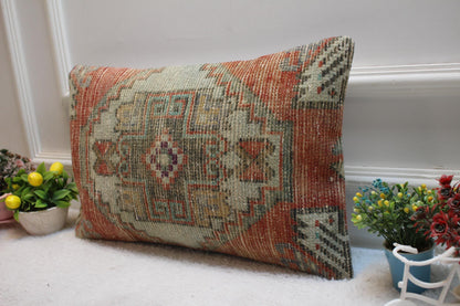 Handmade Anatolian Rug Lumbar Pillow Cover: Red Beige Boho Throw (12x20 in)