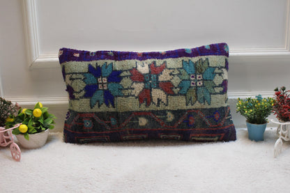Floral Turkish Rug Lumbar Pillow Cover: Handmade Wool Pillow (12x20 inc)