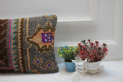 Vintage Turkish Rug Lumbar Pillow Cover: Handmade Wool Kilim, 12x20 inch