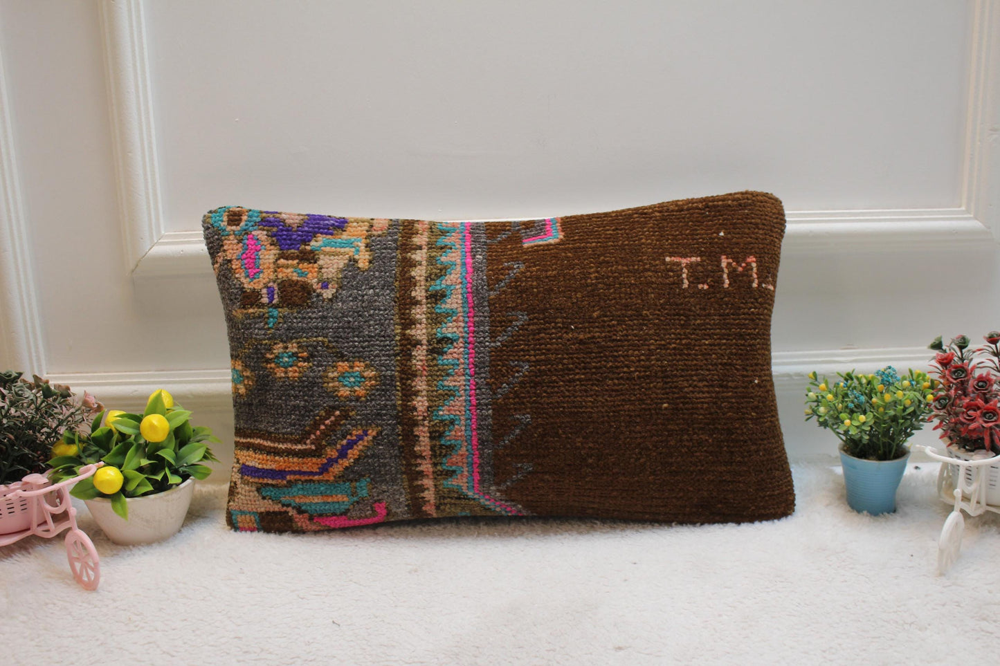 Handmade Turkish Rug Lumbar Pillow Cover: Brown Woven Wool, 12x20 inc
