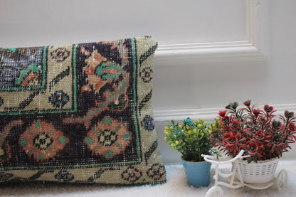 Floral Kilim Lumbar Pillow Cover: Handmade Turkish Rug, 12x20 inch