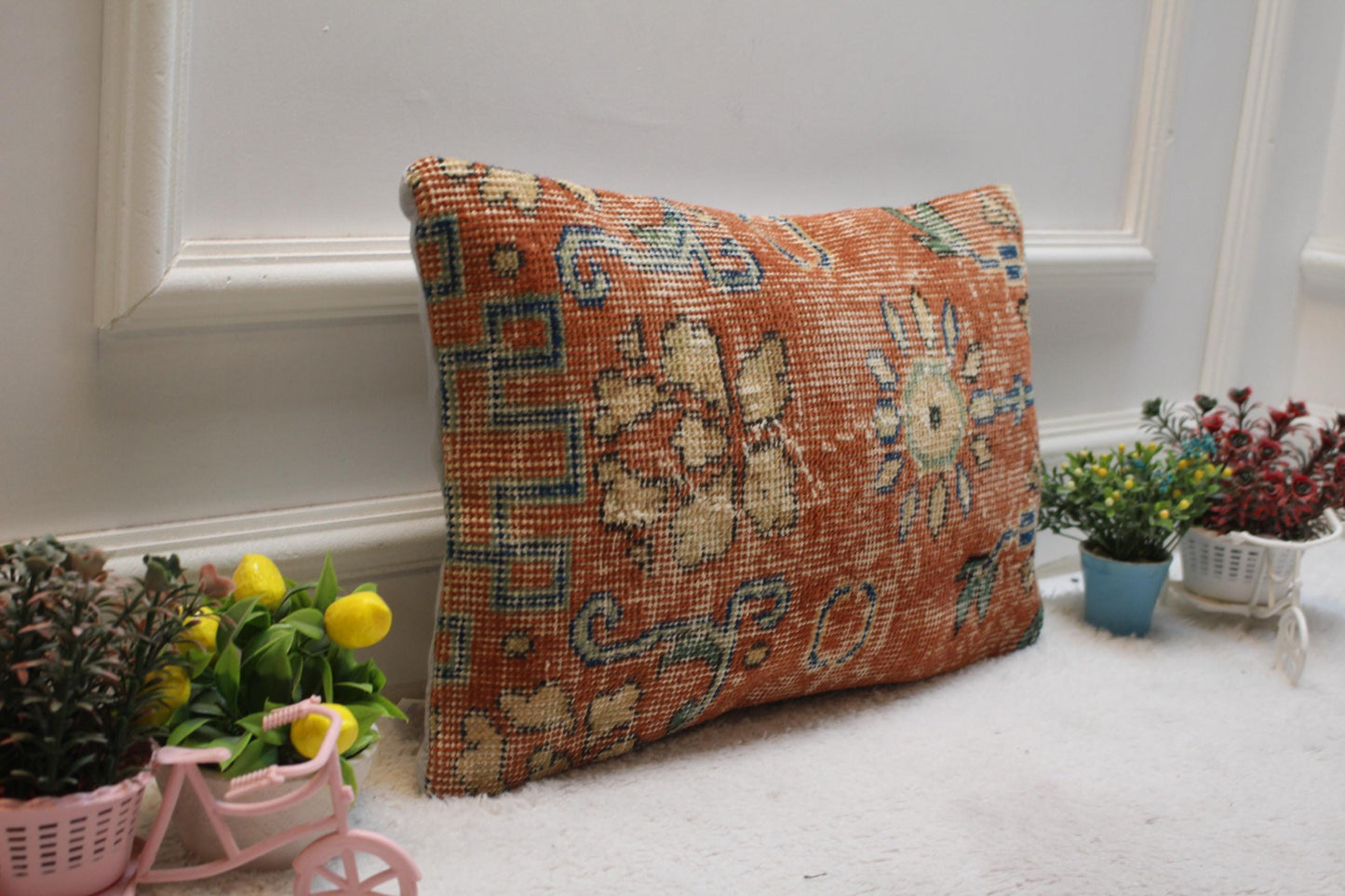 Red Vintage Turkish Rug Lumbar Pillow Cover: Handmade Wool (12x20 inc)