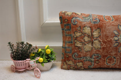 Red Vintage Turkish Rug Lumbar Pillow Cover: Handmade Wool (12x20 inc)