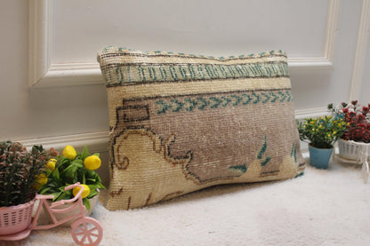 Handmade Wool Lumbar Pillow Cover: Upcycled Anatolian Rug, 12x20 inch