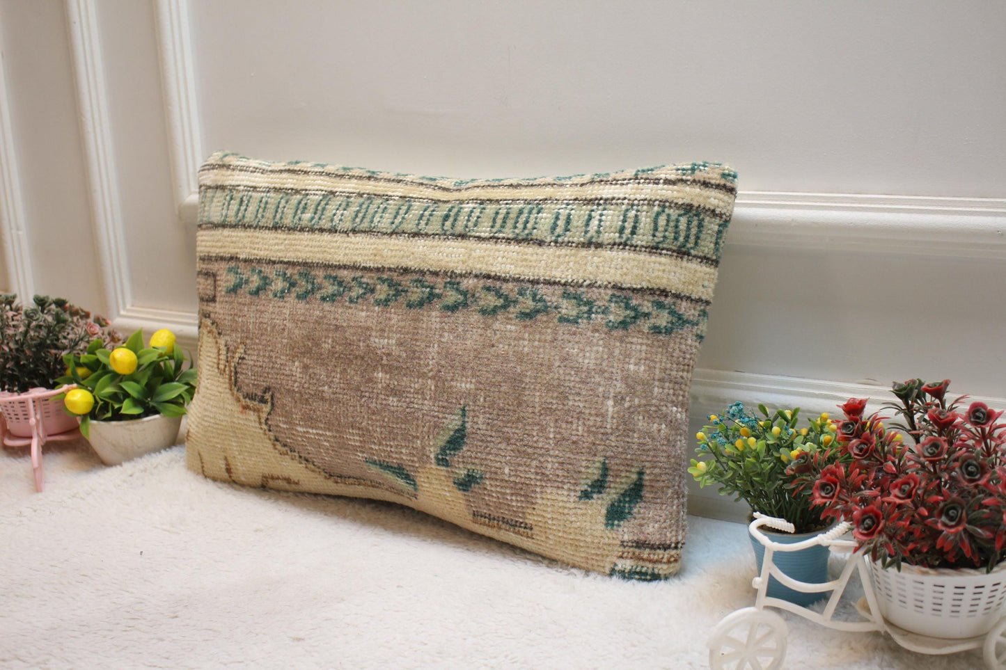 Handmade Wool Lumbar Pillow Cover: Upcycled Anatolian Rug, 12x20 inch