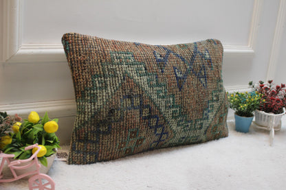 Handmade Wool Kilim Lumbar Pillow Cover: Upcycled Turkish Rug, 12x20 inch