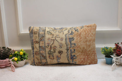 Handmade Orange Turkish Rug Lumbar Pillow Cover: Organic Wool (12x20 in)