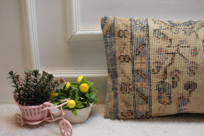 Handmade Orange Turkish Rug Lumbar Pillow Cover: Organic Wool (12x20 in)
