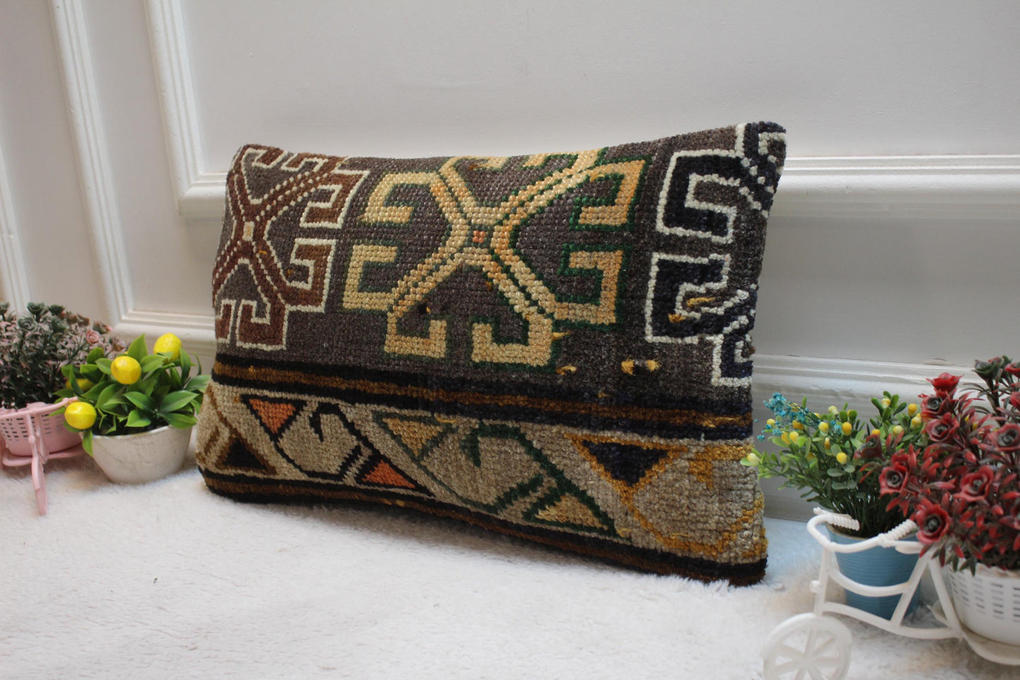 Gray Turkish Rug Lumbar Pillow Cover: Vintage Woven Wool (12x20 inc)