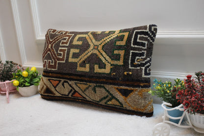 Gray Turkish Rug Lumbar Pillow Cover: Vintage Woven Wool (12x20 inc)