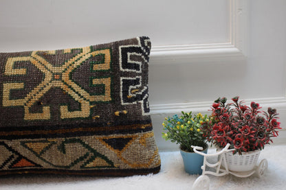 Gray Turkish Rug Lumbar Pillow Cover: Vintage Woven Wool (12x20 inc)