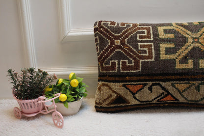 Gray Turkish Rug Lumbar Pillow Cover: Vintage Woven Wool (12x20 inc)