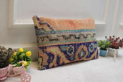 Orange Lumbar Pillow Cover: Vintage Turkish Rug, Handmade Kilim (12x20 in)