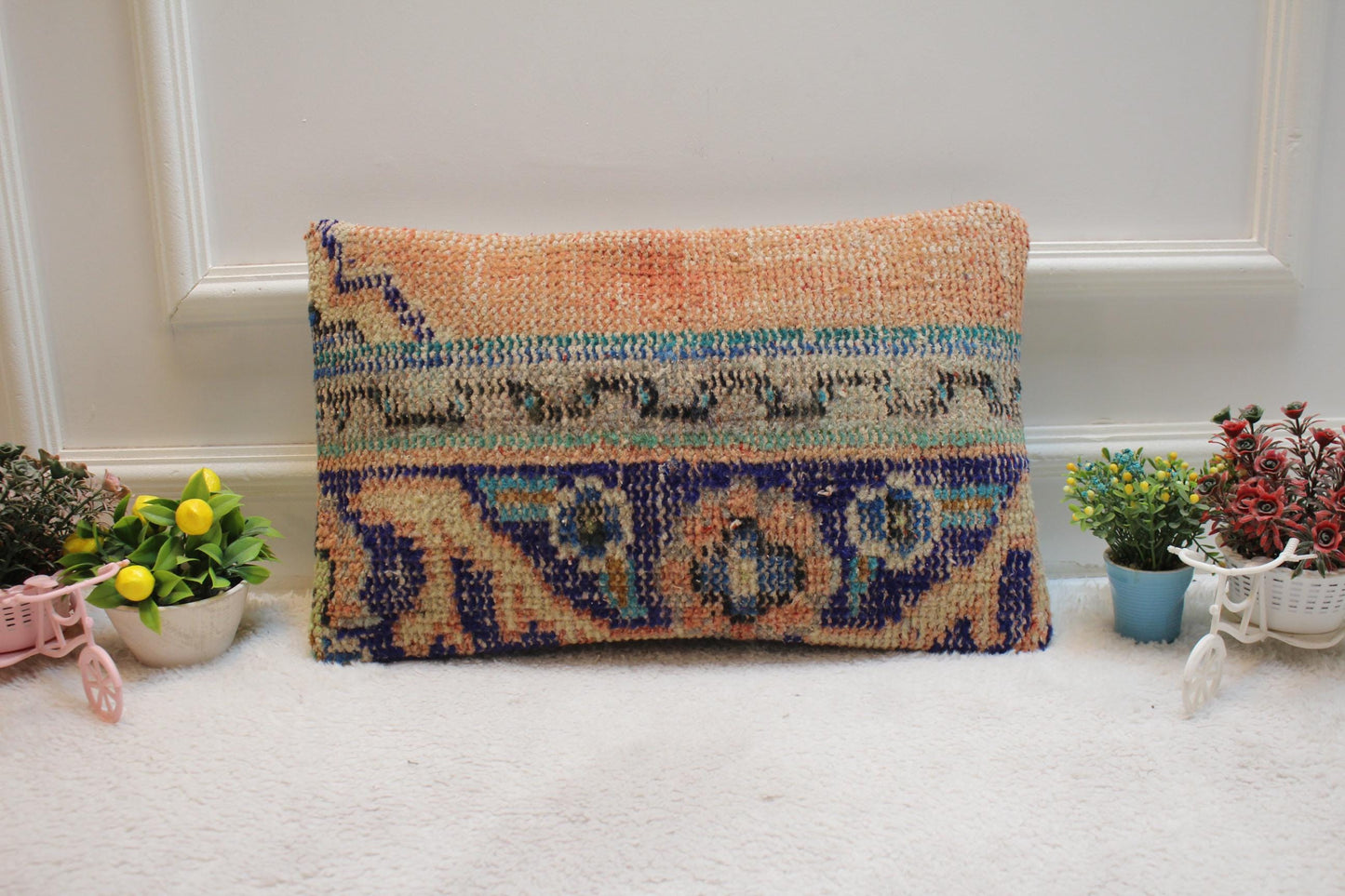 Orange Lumbar Pillow Cover: Vintage Turkish Rug, Handmade Kilim (12x20 in)