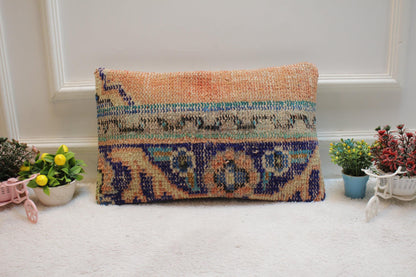 Orange Lumbar Pillow Cover: Vintage Turkish Rug, Handmade Kilim (12x20 in)