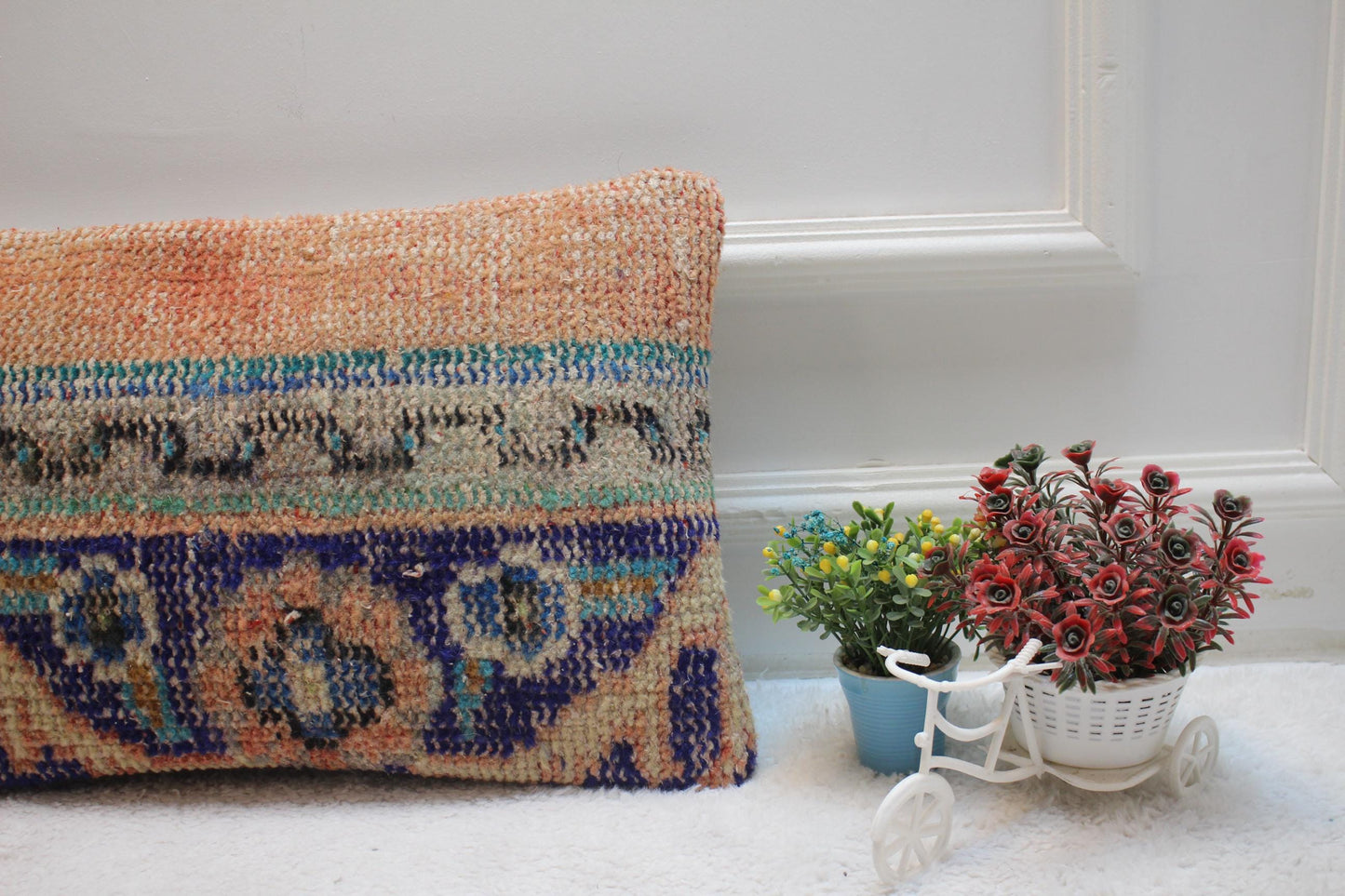 Orange Lumbar Pillow Cover: Vintage Turkish Rug, Handmade Kilim (12x20 in)