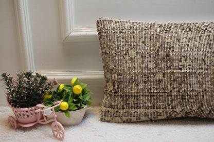 Brown Floral Lumbar Pillow Cover: Handmade Turkish Kilim Rug (12x20 in)