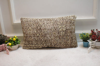 Brown Floral Lumbar Pillow Cover: Handmade Turkish Kilim Rug (12x20 in)