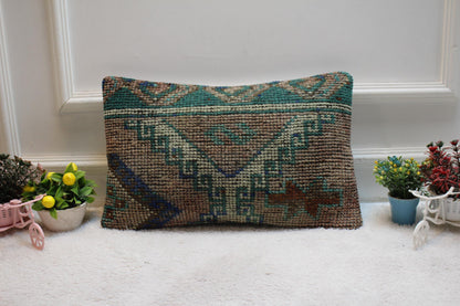 Handmade Kilim Lumbar Pillow Cover: Brown Woven Rug, 12x20 inc
