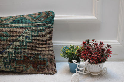 Handmade Kilim Lumbar Pillow Cover: Brown Woven Rug, 12x20 inc