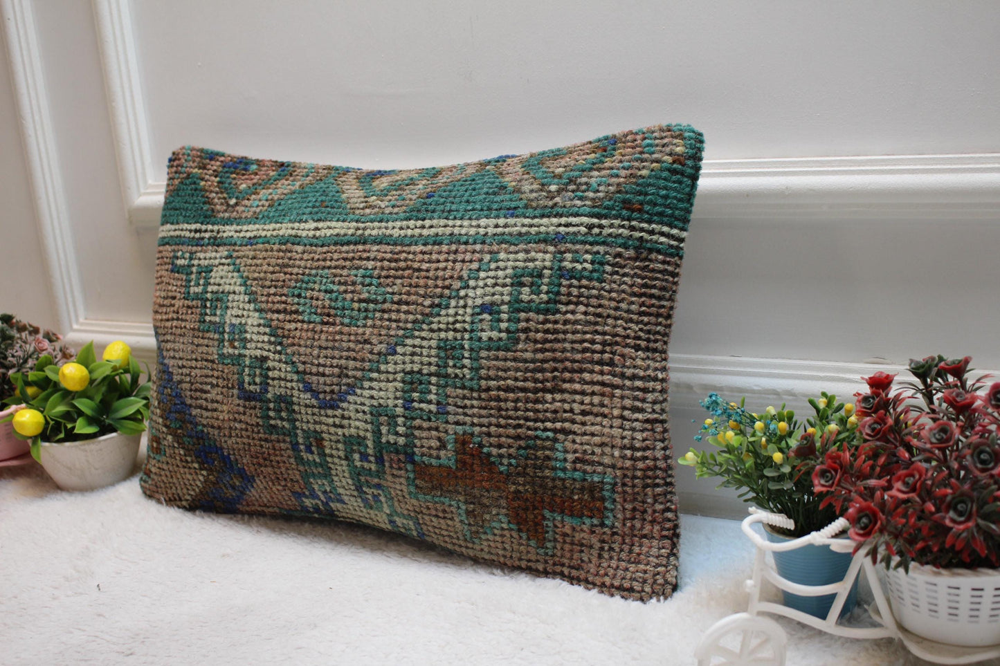 Handmade Kilim Lumbar Pillow Cover: Brown Woven Rug, 12x20 inc