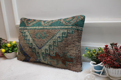 Handmade Kilim Lumbar Pillow Cover: Brown Woven Rug, 12x20 inc
