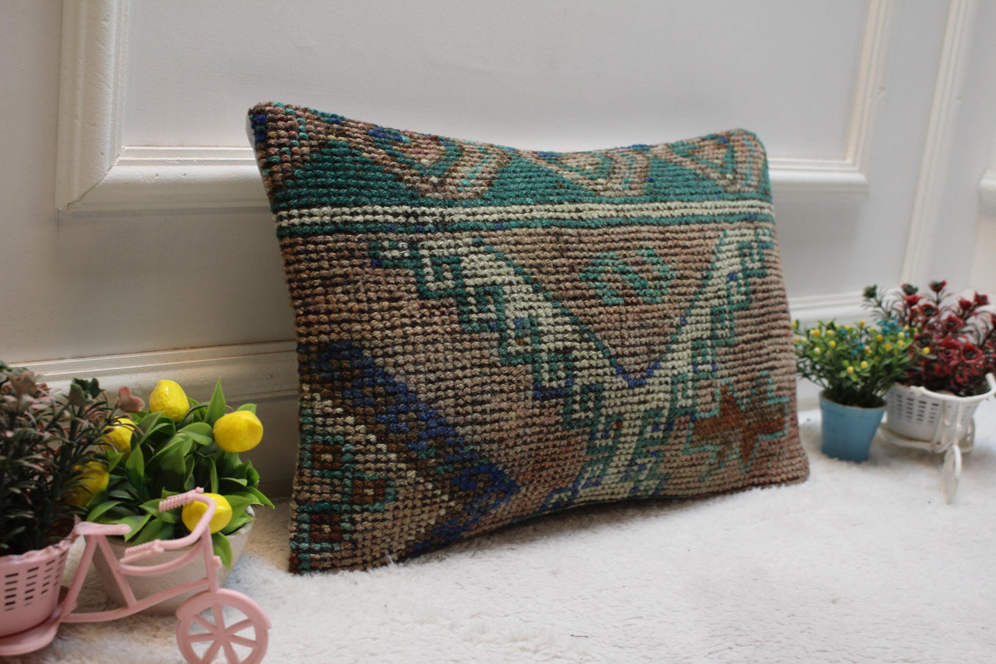 Handmade Kilim Lumbar Pillow Cover: Brown Woven Rug, 12x20 inc