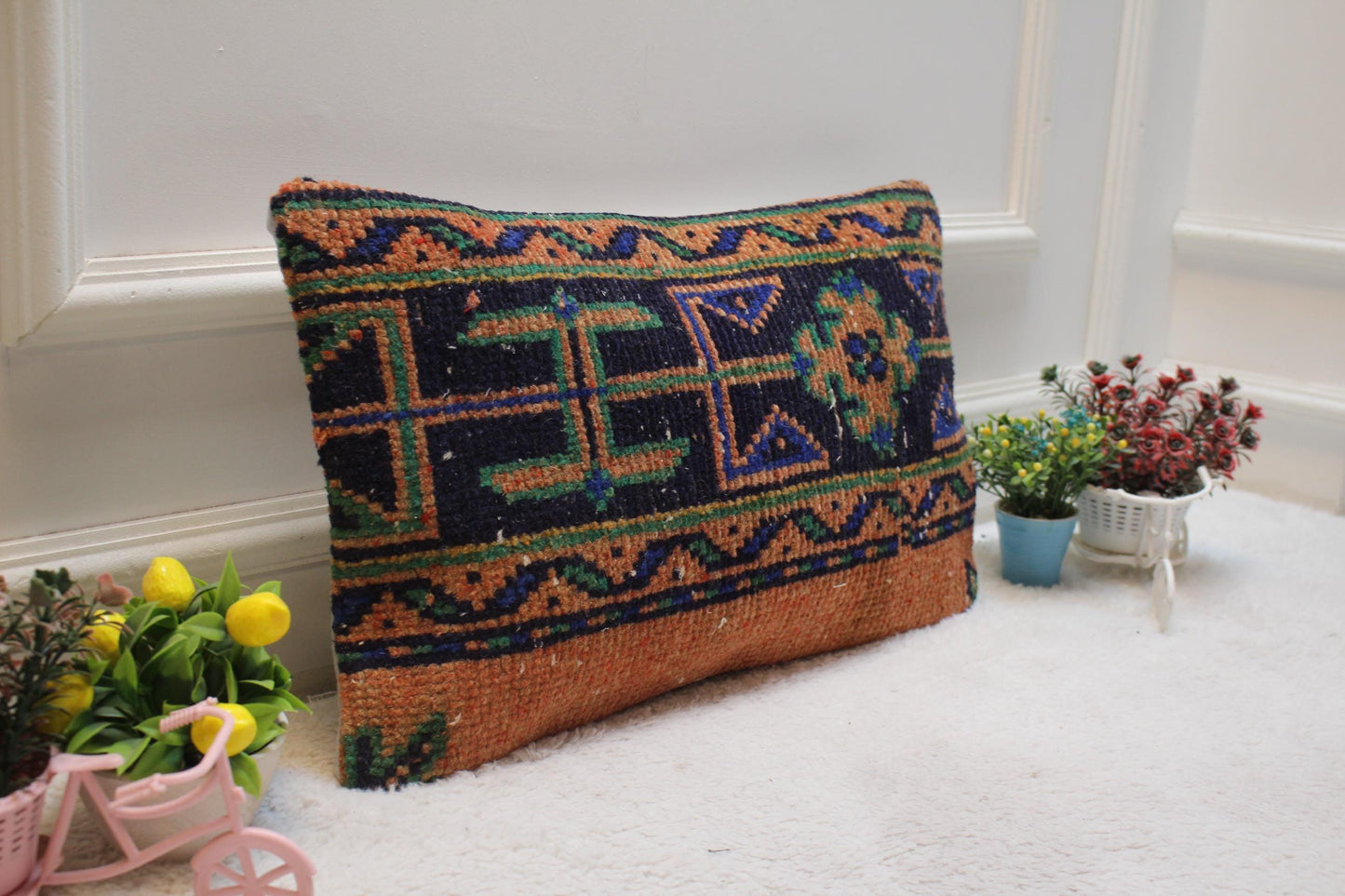 Orange Turkish Rug Lumbar Pillow: Vintage Woven Wool Case (12x20 in)