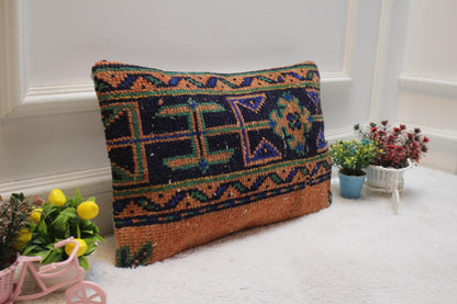 Orange Turkish Rug Lumbar Pillow: Vintage Woven Wool Case (12x20 in)