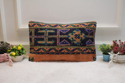 Orange Turkish Rug Lumbar Pillow: Vintage Woven Wool Case (12x20 in)