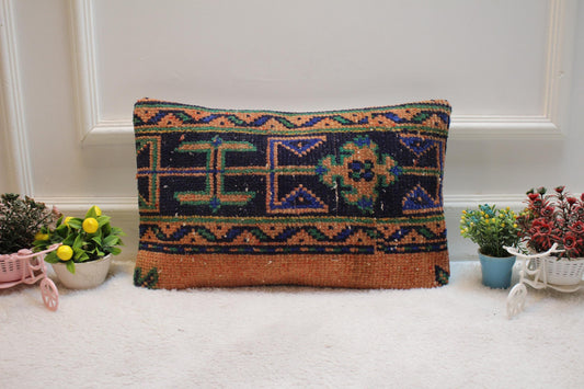 Orange Turkish Rug Lumbar Pillow: Vintage Woven Wool Case (12x20 in)