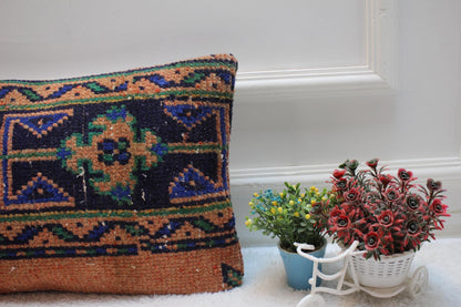 Orange Turkish Rug Lumbar Pillow: Vintage Woven Wool Case (12x20 in)