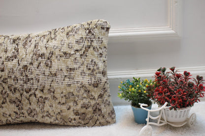 Handmade Floral Kilim Pillow Cover: Beige Turkish Rug, 12x20 inc