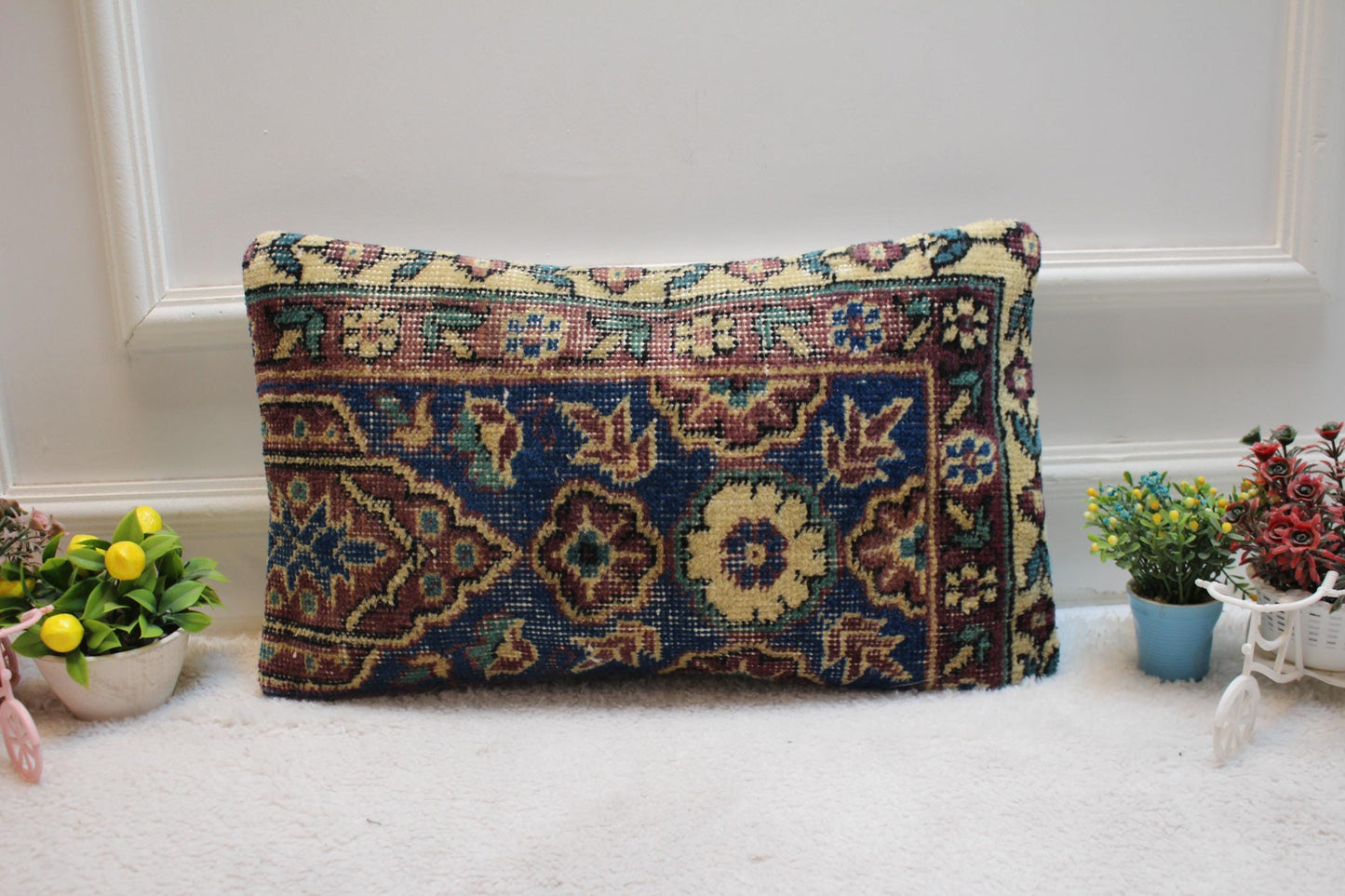 Blue Floral Kilim Pillow Cover: 12x20 Lumbar Pillow, Upcycled Rug