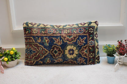Blue Floral Kilim Pillow Cover: 12x20 Lumbar Pillow, Upcycled Rug