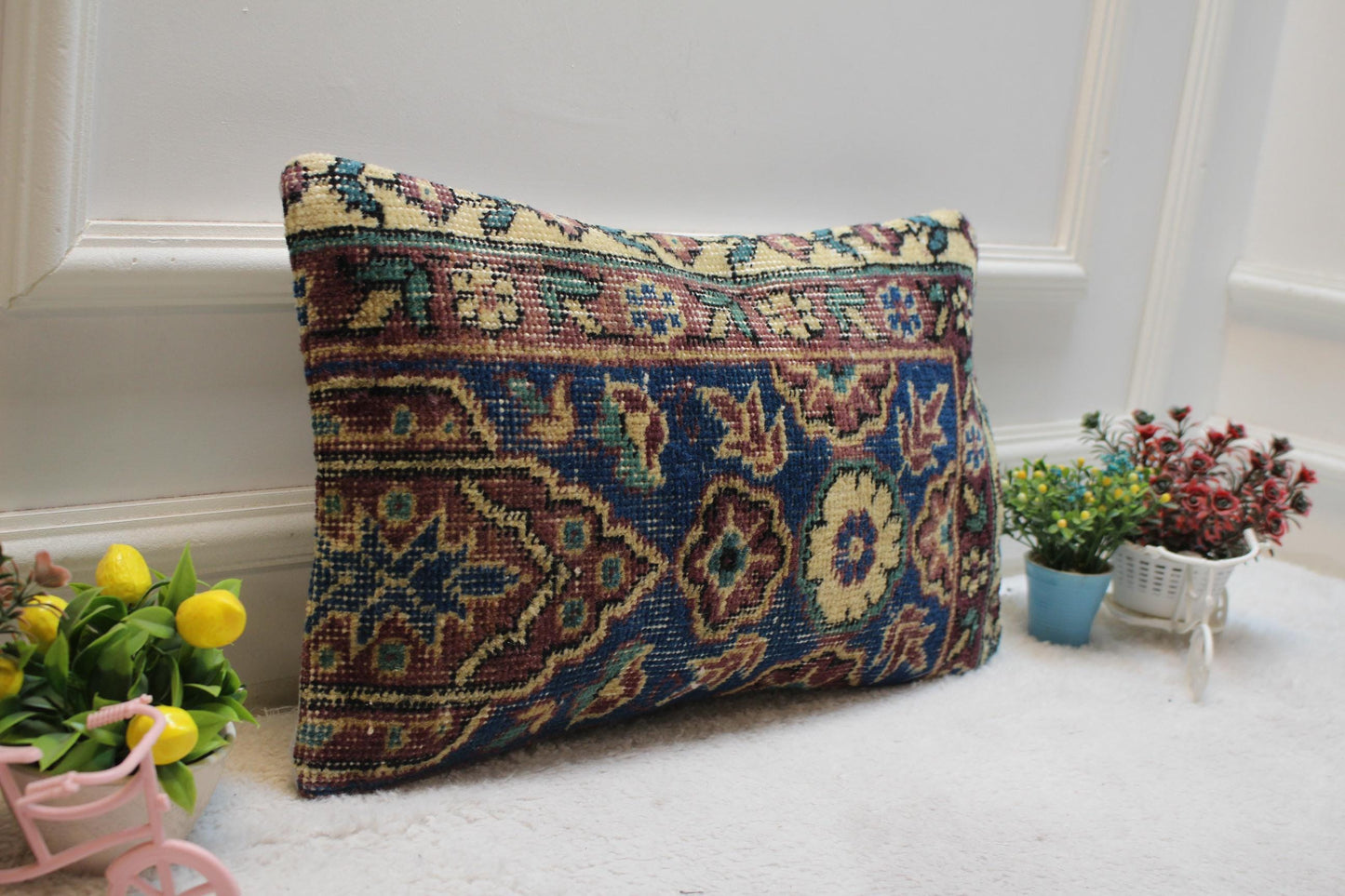 Blue Floral Kilim Pillow Cover: 12x20 Lumbar Pillow, Upcycled Rug