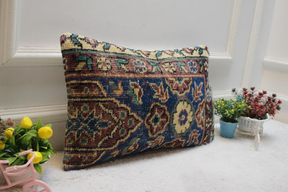 Blue Floral Kilim Pillow Cover: 12x20 Lumbar Pillow, Upcycled Rug