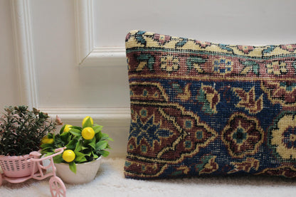 Blue Floral Kilim Pillow Cover: 12x20 Lumbar Pillow, Upcycled Rug