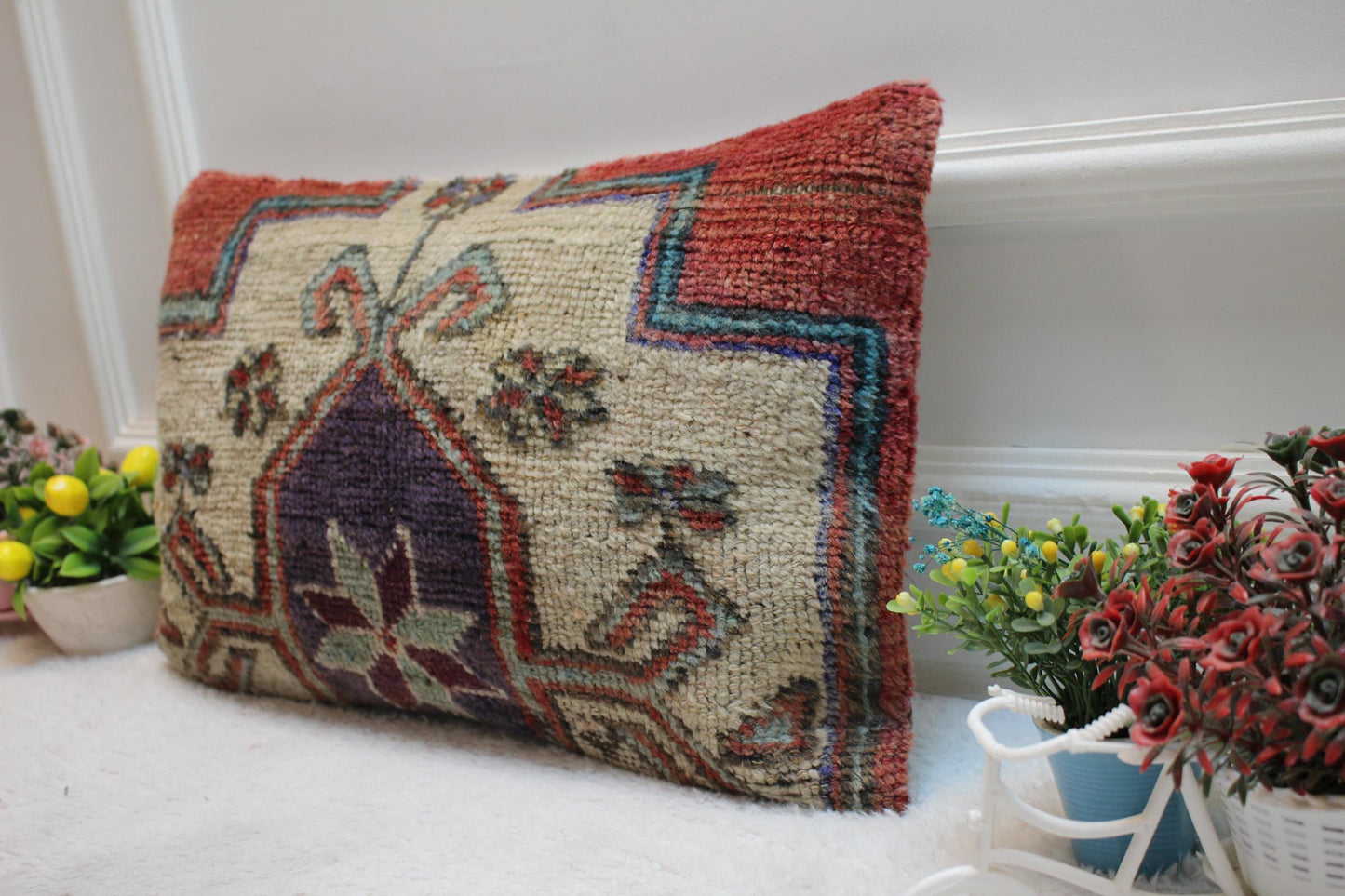Handmade Kilim Lumbar Pillow Cover: Boho Bedroom Decor (12x20 inc)