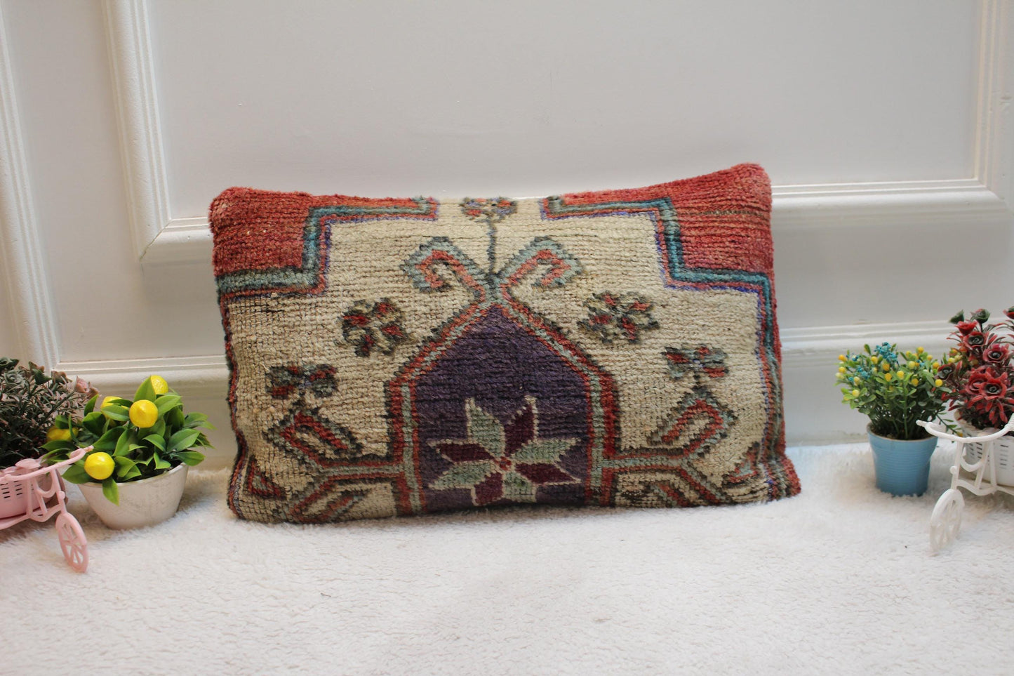 Handmade Kilim Lumbar Pillow Cover: Boho Bedroom Decor (12x20 inc)