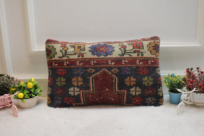 Floral Kilim Lumbar Pillow Cover: Upcycled Woven Rug, 12x20 inch