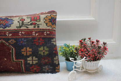 Floral Kilim Lumbar Pillow Cover: Upcycled Woven Rug, 12x20 inch