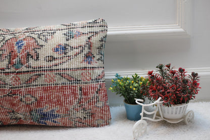 Red & White Anatolian Kilim Lumbar Pillow Cover (12x20 in)