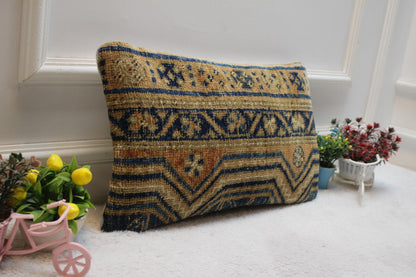 Handmade Turkish Rug Lumbar Pillow Cover: Vintage Blue Beige Kilim (12x20 in)