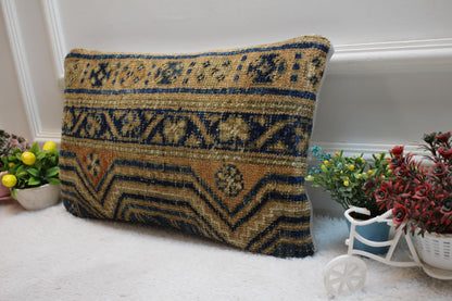 Handmade Turkish Rug Lumbar Pillow Cover: Vintage Blue Beige Kilim (12x20 in)