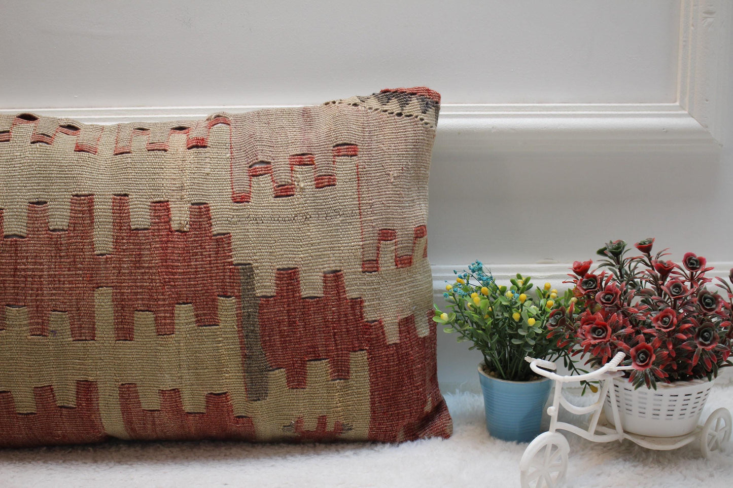 Geometric Kilim Pillow Cover: Red Beige Woven Rug, 12x20